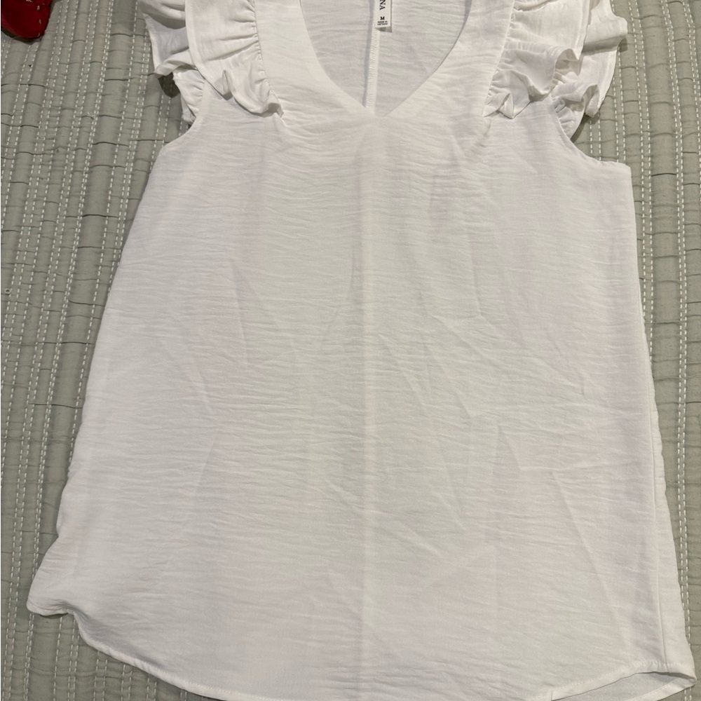 White Ruffle Sleeve V-Neck Top - Picture 2 of 9